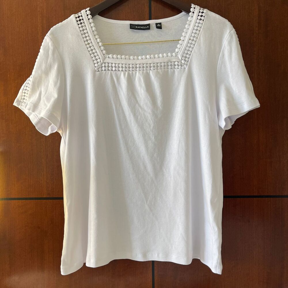 Rafaella Crochet Trim Square Neck Top XL Extra Large White Short Sleeve Blouse - Picture 2 of 8